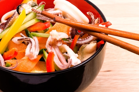 Salad from seafood with shrimps close upの写真素材