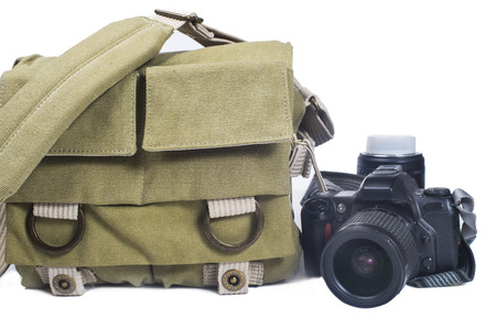 Bag photographer and camera close-up on a white backgroundの写真素材