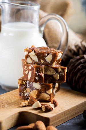 sorbet with nuts and milk on the tableの写真素材