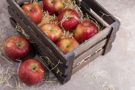 ripe apples are packed in a wooden box with shavingsの写真素材