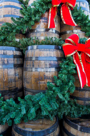 Washington DC. USA. December 13, 2021. Jack Daniels wooden barrel with Jack Daniels logo decorated...