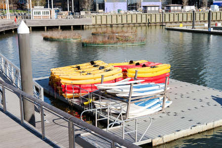 Washington DC. USA. December 13, 2021. Kayaks and canoes for rent in the Bay on the Washington...