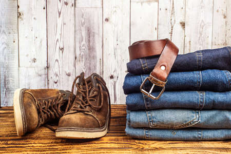 everyday trend - jeans, leather shoes, leather belt with buckle.の写真素材