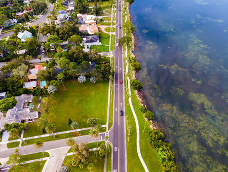 Top view of the road along the Gulf of Mexico ocean and suburban area in Florida.の写真素材
