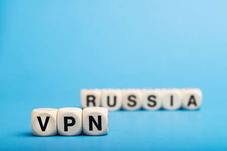 VPN in Russia. Safe and private Internet. Blocked sites. Letters VPN on bone cubes. Space for text.の写真素材