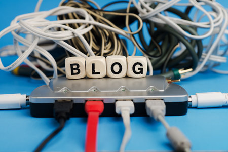 Blog. Word from letters on wooden cubes. Router with wires. On a blue background.