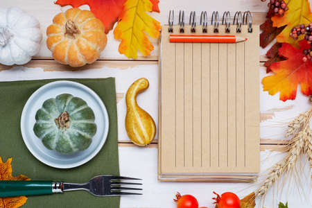 pumpkin on a saucer, an open notepad, pencil and fork, on white boards. view from above. Space for textの写真素材