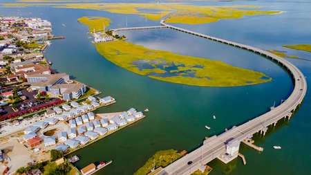 CHINCOTEAGUE BRIDGE across the Chincoteague Bay in Virginia. drone view.の写真素材