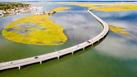Chincoteague bridge across the Chincoteague Bay in Virginia and views of the waterfront. drone view.のeditorial素材