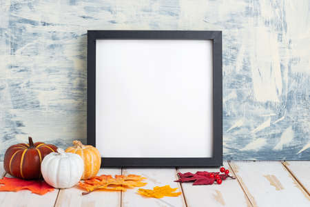Autumn still life with pumpkins and colorful foliage. Frame against a white wooden wall. Bright hues. Space for text.の写真素材