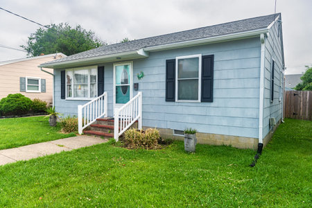 exterior view of a small american house in a seaside village.のeditorial素材