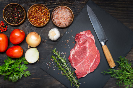 Fresh meat, salt, pepper, tomatoes and a knife on a dark table. view from above.の写真素材