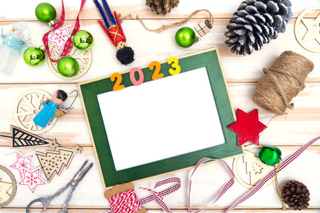 Christmas and New Year composition. Christmas decorations, simple style. photo frame for text. top view, flat lay,の写真素材