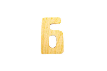 wooden figure number six with shadow isolated on white background
