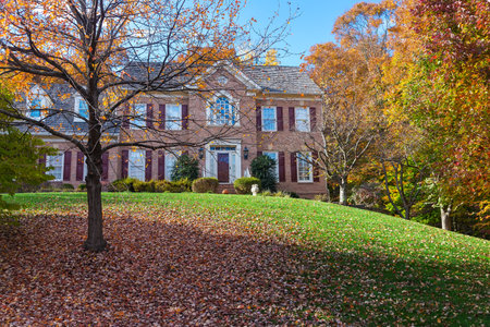 Suburban brick house among autumn trees. Large manicured lawn and landscaping.のeditorial素材