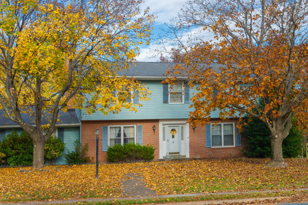 Beautiful autumn exterior of the house. Yard with green grass and autumn leaves.のeditorial素材