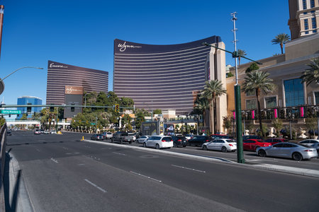 Avenues and sidewalks, hotels and architecture of the streets and buildings of the capital of entertainment in Las Vegas. Nevada, USA.のeditorial素材