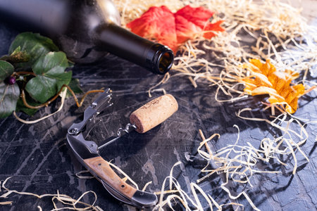 corkscrew, a cork and a bottle of wine on an old black table in the cellar.の写真素材
