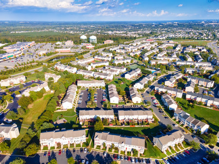 A small town on the edge of a forest in Virginia USA, View from a drone with a gorgeous blue skyの写真素材