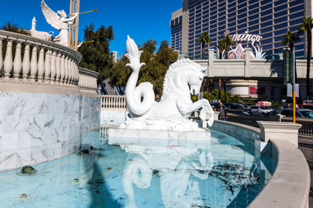 Plaza of Caesar's Palace in Las Vegas. Horse fish and fountain in the center of the capital of entertainment.のeditorial素材