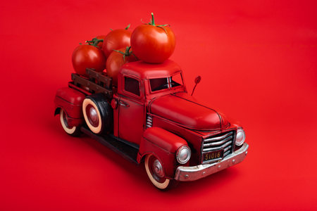 red truck delivers fresh tomatoes. Vintage red toy truck on a red background.の写真素材