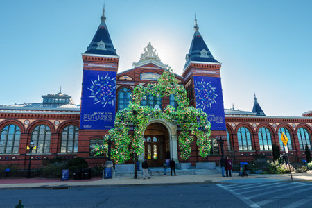 Smithsonian Castle in winter. New Year's decorations of the museum with mirror garlands.のeditorial素材