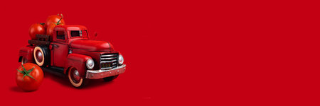 Red retro pickup truck carries fresh tomatoes on a red background, harvesting, and creative presentation of the product. Banner. Space for text.の写真素材