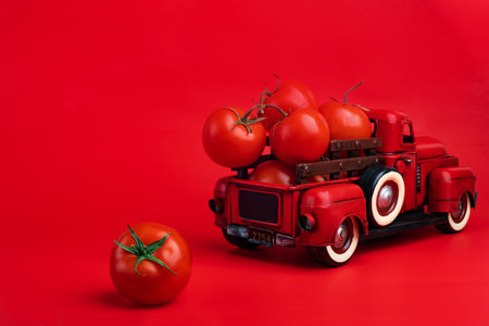 Red retro pickup truck and fresh tomatoes on red background, harvesting, ketchup advertising, creative product presentation.の写真素材