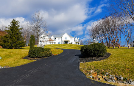 Modern House in suburb. Brick house with nice landscape. autumn landscape.のeditorial素材