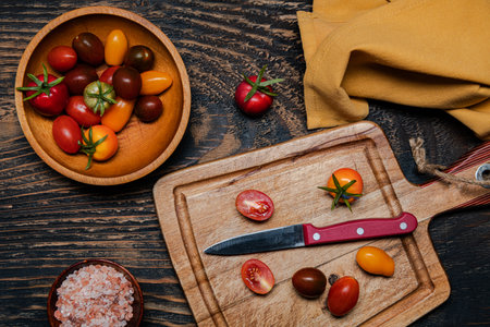 ripe cherry tomatoes and knife on cutting board. Dark wooden table. View from above.の写真素材