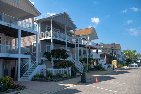 Boardwalk and Chesapeake Bay homes in North Beach, Maryland.の写真素材