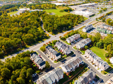Aerial view on small town residential streets roofs the landscape of the houses in Virginia USAの写真素材