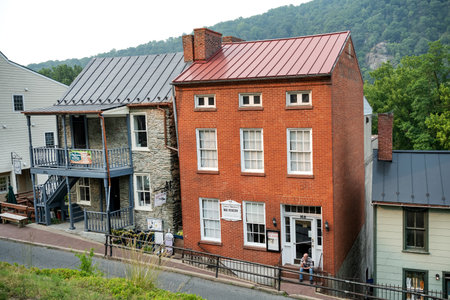 View of historic buildings on Shenandoah Street in Harpers Ferry, West Virginia.のeditorial素材