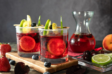 Red drink with ice. strawberry, lemon, lime and mint leaves.の写真素材