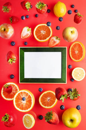 levitating blueberries, strawberries, apples and oranges on a red background. Photo frame for text. view from above.の写真素材
