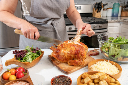 Woman cuts into a roast chicken in the kitchen for making Caesar salad. Hands and knife close-up.の写真素材