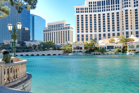 Fantan pond near the Belagio Hotel in Las Vegas. Promenade with restaurants and boutiques near the...