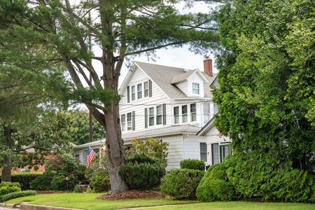 Two-story house in a traditional American style covered with siding. Tree and trimmed lawn on the frontyard.の写真素材