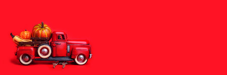 Orange pumpkins in red toy truck with human skeleton on red background. Happy Halloween. Banner....