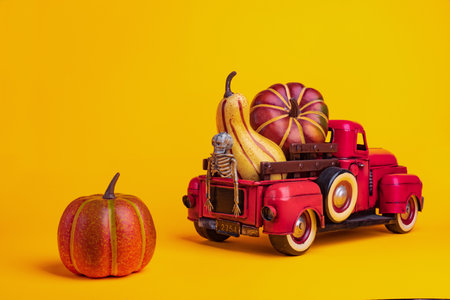 Red Retro truck with pumpkins on yellow background. Thanksgiving, Halloween and autumn cards conceptの写真素材