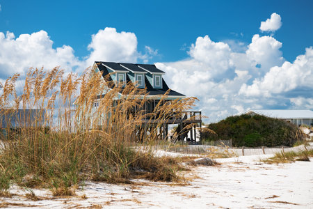Summer houses on stilts on the Atlantic Ocean in North Carolina.の写真素材
