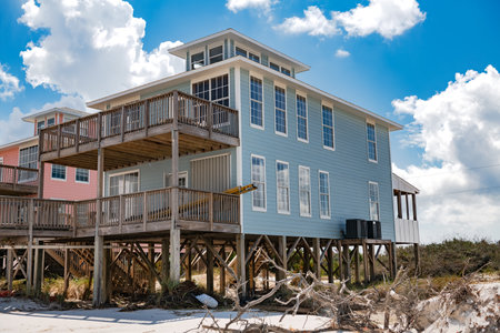 Summer houses on stilts on the Atlantic Ocean in North Carolina.のeditorial素材