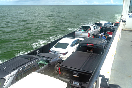 Cars are parked on a cross-strait ferry in North Carolina.