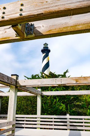 Cape Hatteras Lighthouse on the Atlantic Ocean in North Carolina. Against a blue sky background.の写真素材