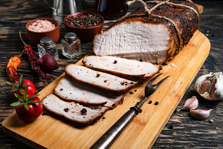 Boiled pork, baked in the oven meat with spices. Sliced pieces of meaton cutting board.の写真素材