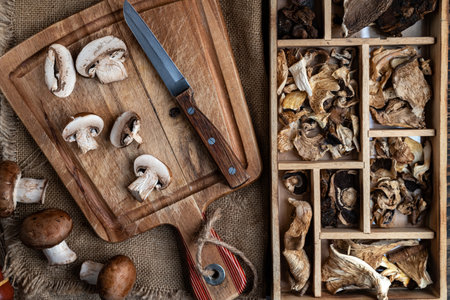 Various dried wild organic mushrooms in a wooden box, cutting board with a knife and burlap on a dark table. Autumn food. Top view.の写真素材