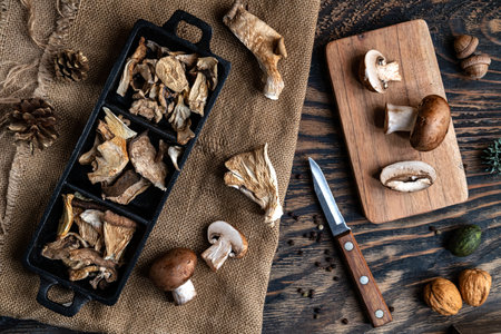 dried wild organic mushroom on dark table background. Autumn food. Top view.の写真素材
