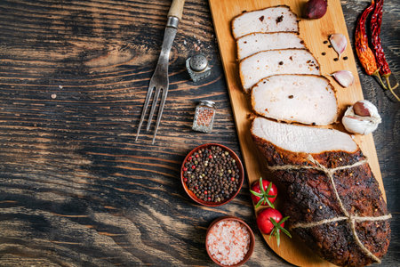 Sliced buzhinina with rosemary on a wooden table. With peppers and cherry tomatoes. View from above. Space for text.の写真素材