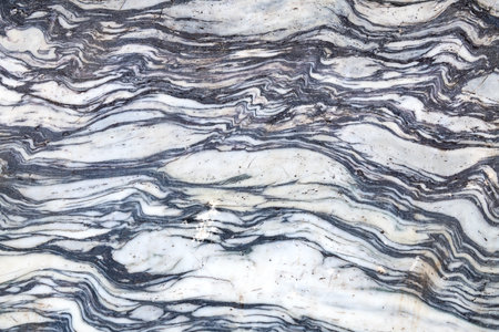 section of a marble slab with a wavy texture in black and white.