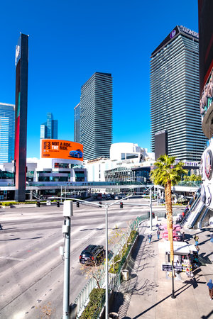 Las Vegas glass towers along busy roads. Sunny day, blue sky.のeditorial素材